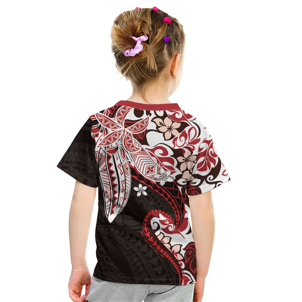 Monstera Plumeria Flowers Red Kid T Shirt Polynesian Pattern LT01 - Polynesian Pride