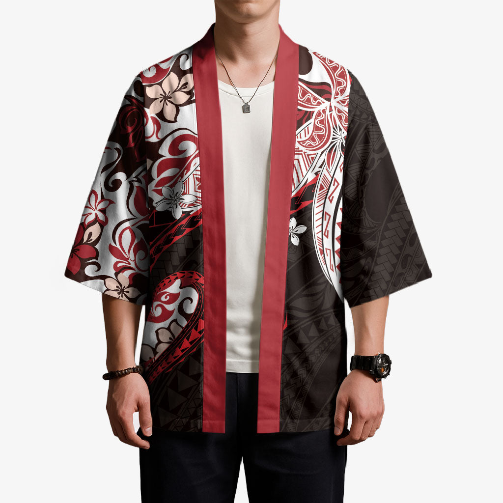 Monstera Plumeria Flowers Red Kimono Polynesian Pattern LT01 - Polynesian Pride