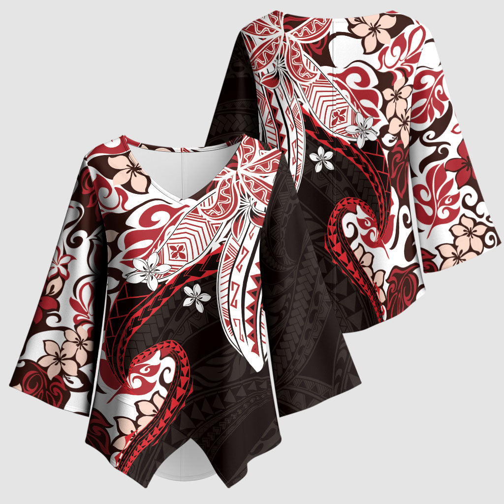 Monstera Plumeria Flowers Red Kimono Sleeve Blouse Polynesian Pattern LT01 - Polynesian Pride
