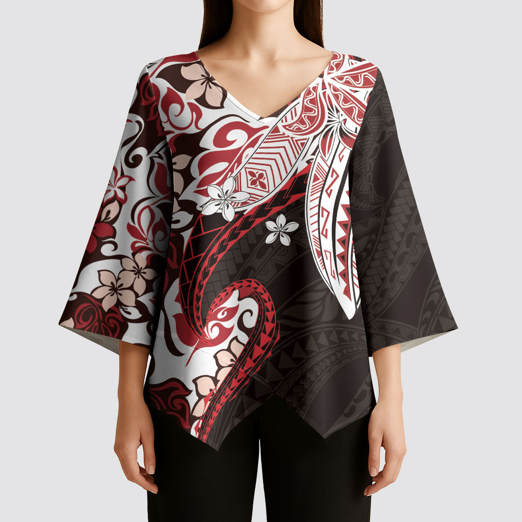 Monstera Plumeria Flowers Red Kimono Sleeve Blouse Polynesian Pattern LT01 - Polynesian Pride