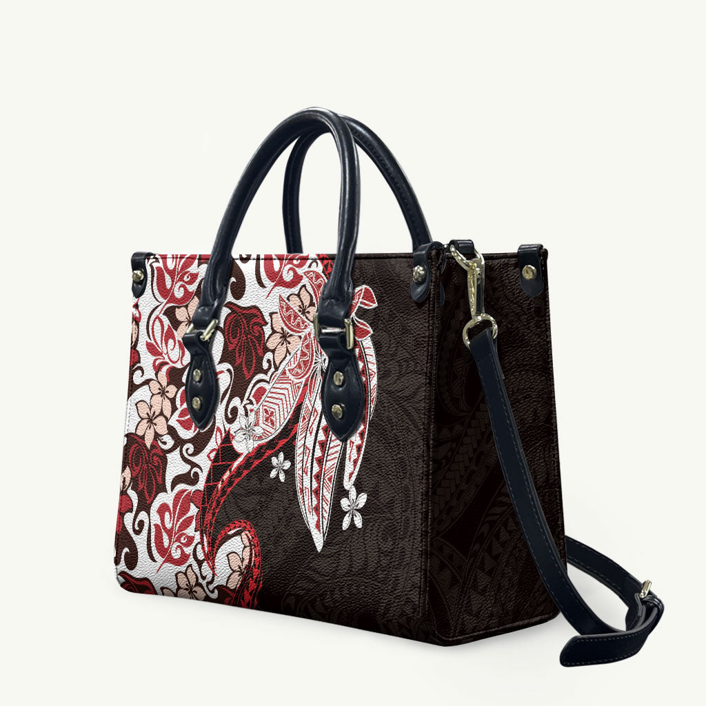 Monstera Plumeria Flowers Red Leather Bag Polynesian Pattern