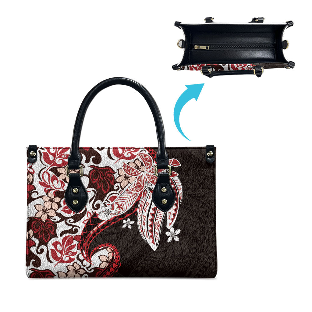 Monstera Plumeria Flowers Red Leather Bag Polynesian Pattern