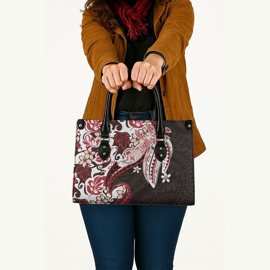 Monstera Plumeria Flowers Red Leather Bag Polynesian Pattern