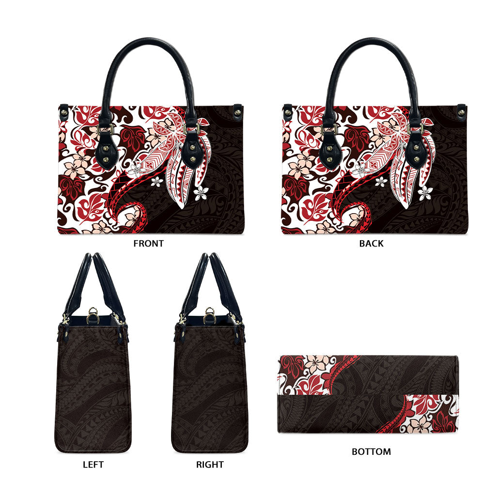 Monstera Plumeria Flowers Red Leather Bag Polynesian Pattern