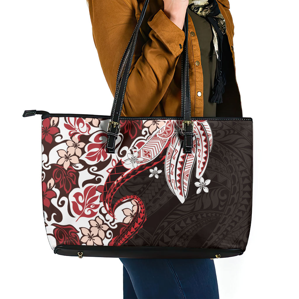 Monstera Plumeria Flowers Red Leather Tote Bag Polynesian Pattern LT01 - Polynesian Pride
