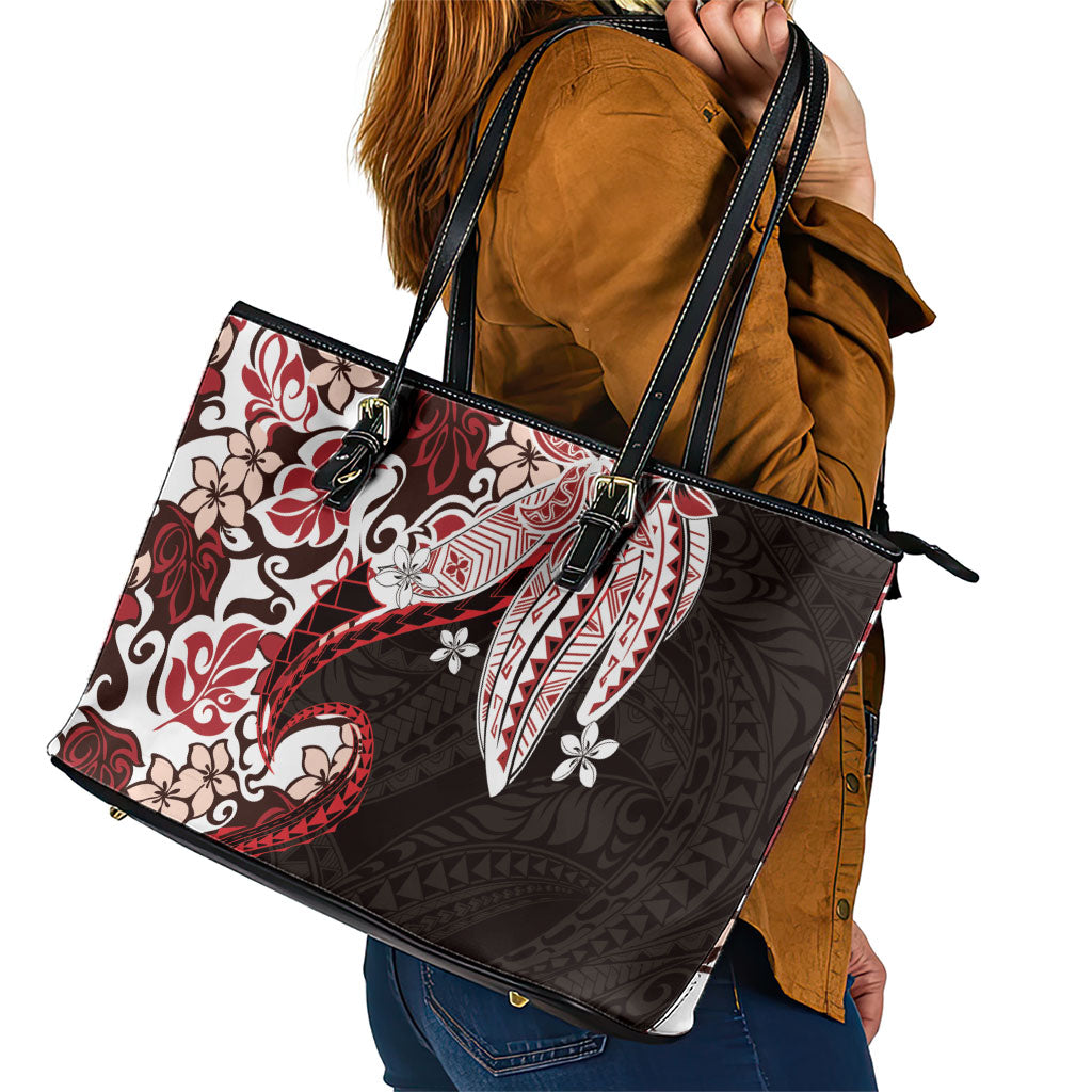 Monstera Plumeria Flowers Red Leather Tote Bag Polynesian Pattern LT01 - Polynesian Pride