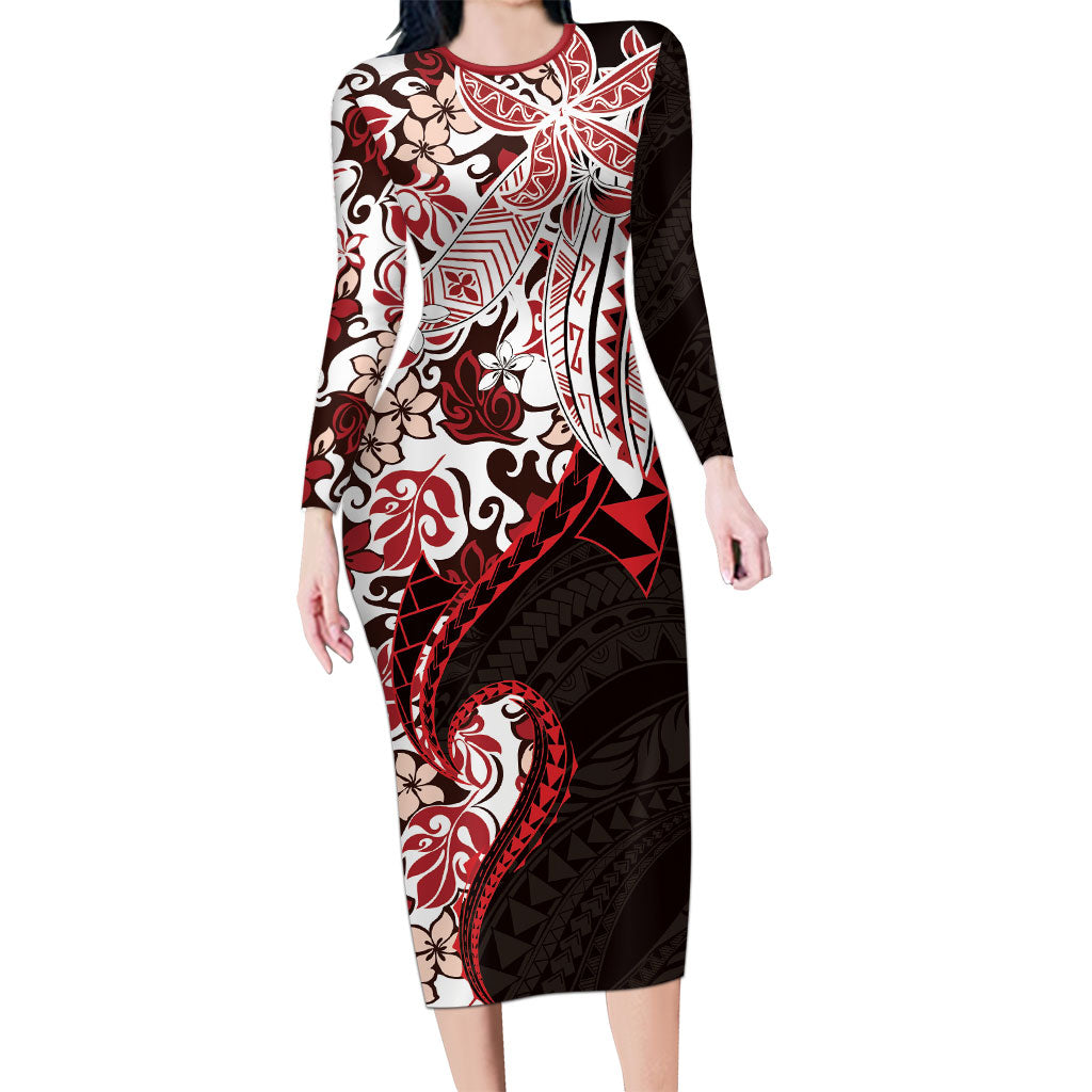 Monstera Plumeria Flowers Red Long Sleeve Bodycon Dress Polynesian Pattern LT01 Long Dress Red - Polynesian Pride