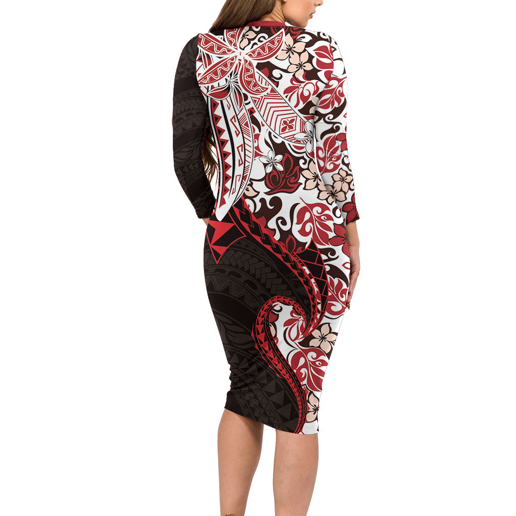 Monstera Plumeria Flowers Red Long Sleeve Bodycon Dress Polynesian Pattern LT01 - Polynesian Pride