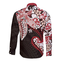 Monstera Plumeria Flowers Red Long Sleeve Button Shirt Polynesian Pattern LT01 - Polynesian Pride