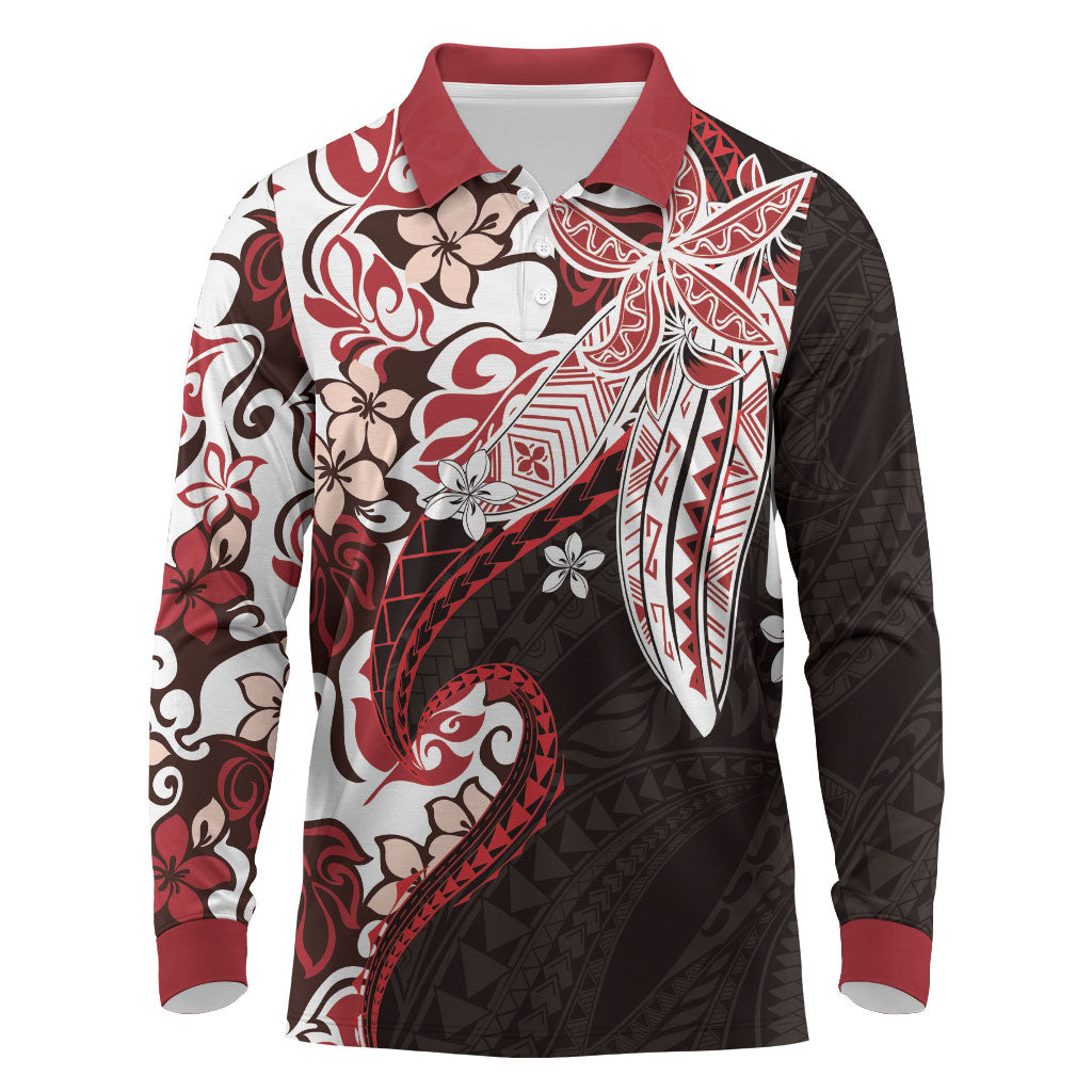Monstera Plumeria Flowers Red Long Sleeve Polo Shirt Polynesian Pattern LT01 Red - Polynesian Pride