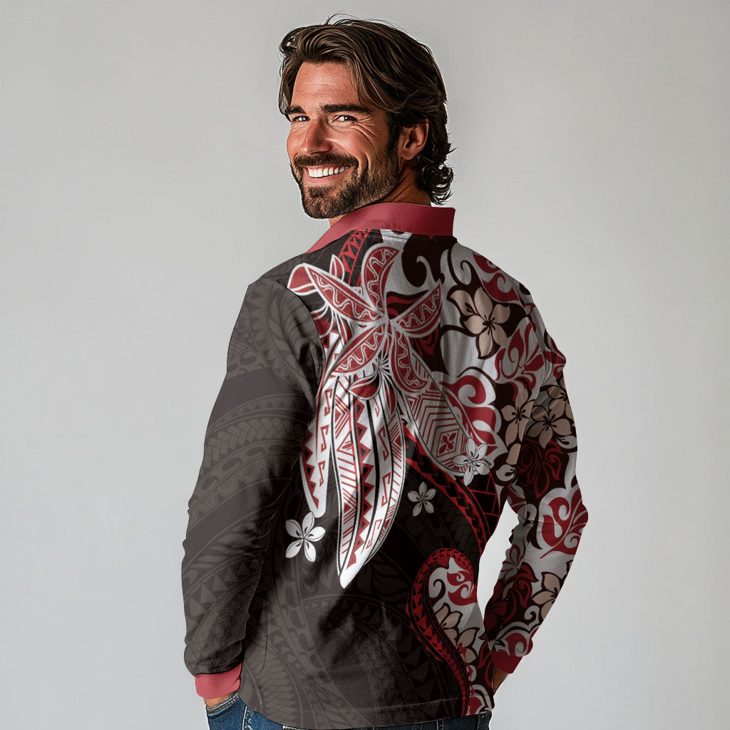 Monstera Plumeria Flowers Red Long Sleeve Polo Shirt Polynesian Pattern LT01 - Polynesian Pride