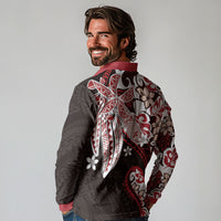 Monstera Plumeria Flowers Red Long Sleeve Polo Shirt Polynesian Pattern LT01 - Polynesian Pride