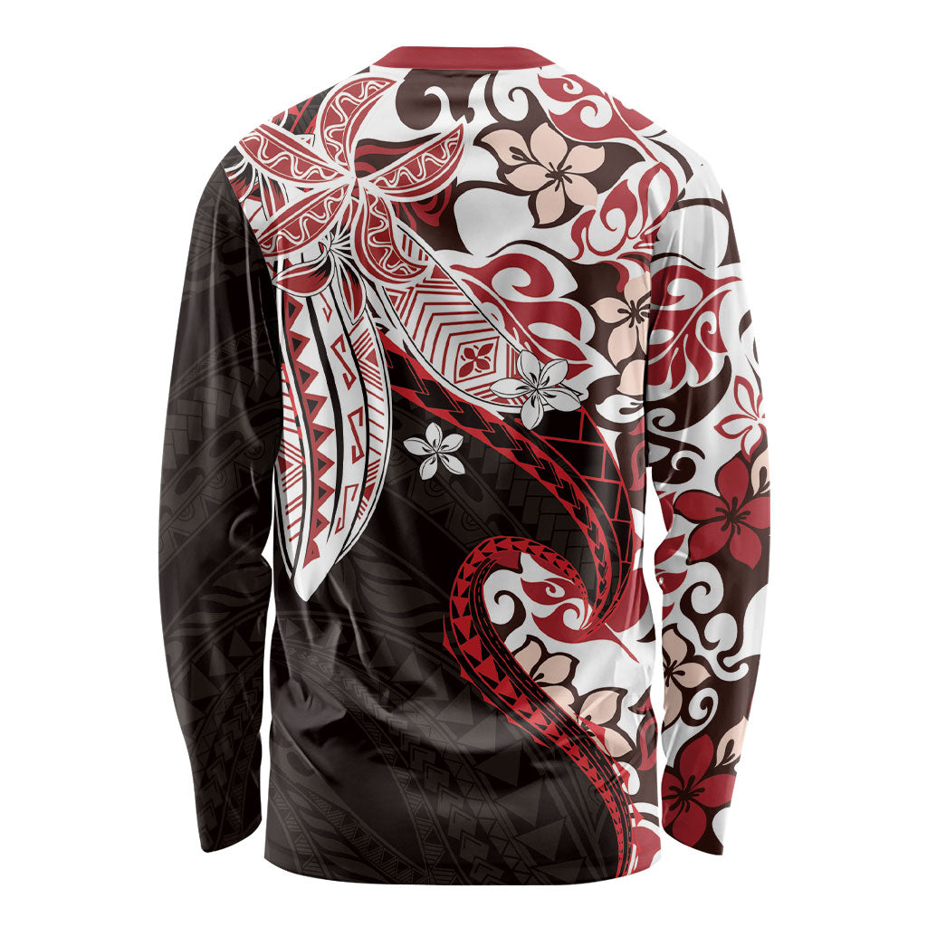 Monstera Plumeria Flowers Red Long Sleeve Shirt Polynesian Pattern LT01 - Polynesian Pride