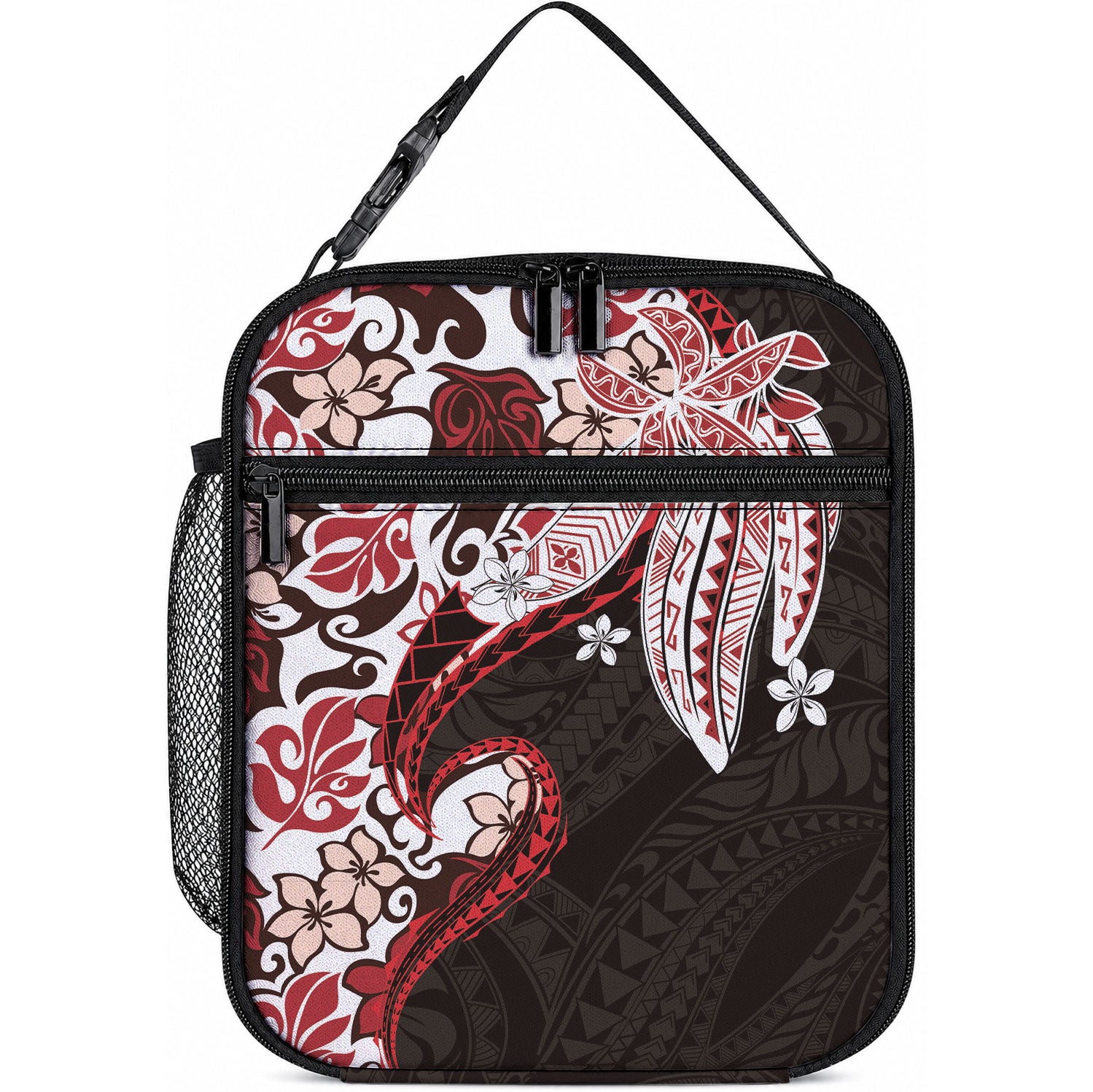 Monstera Plumeria Flowers Red Lunch Bag Polynesian Pattern