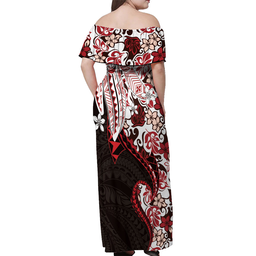 Monstera Plumeria Flowers Red Off Shoulder Maxi Dress Polynesian Pattern LT01 - Polynesian Pride