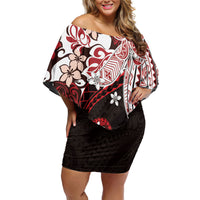 Monstera Plumeria Flowers Red Off Shoulder Short Dress Polynesian Pattern LT01 Women Red - Polynesian Pride