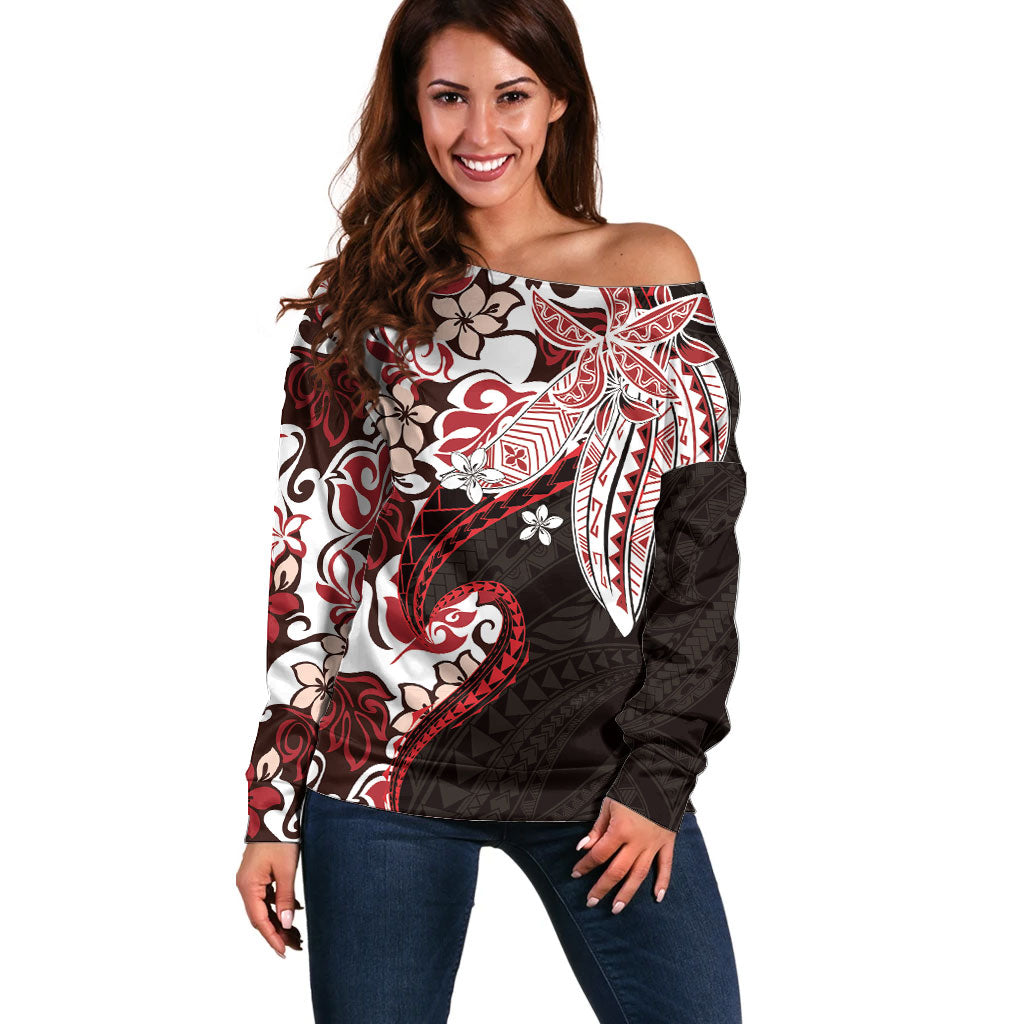 Monstera Plumeria Flowers Red Off Shoulder Sweater Polynesian Pattern LT01 Women Red - Polynesian Pride