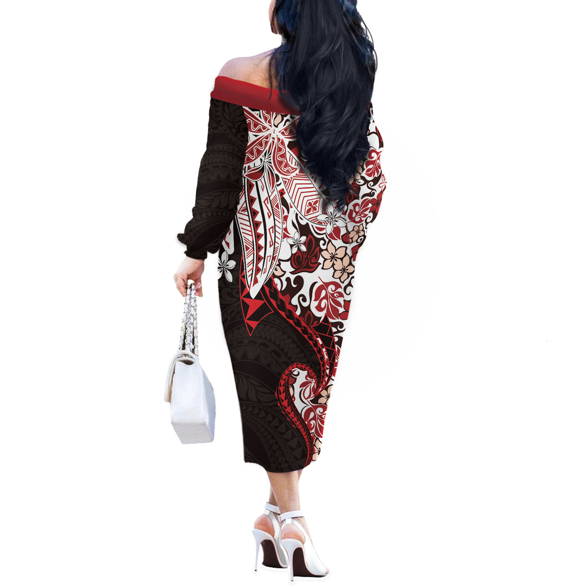 Monstera Plumeria Flowers Red Off The Shoulder Long Sleeve Dress Polynesian Pattern LT01 - Polynesian Pride