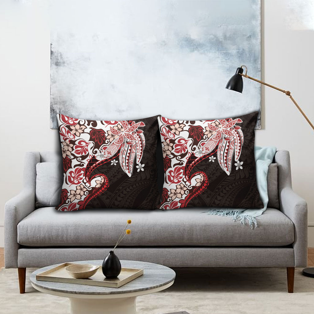 Monstera Plumeria Flowers Red Pillow Cover Polynesian Pattern