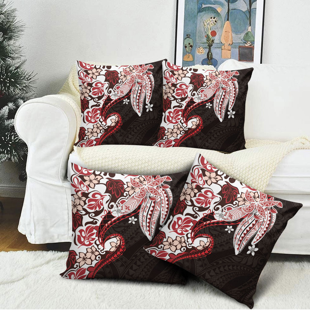 Monstera Plumeria Flowers Red Pillow Cover Polynesian Pattern
