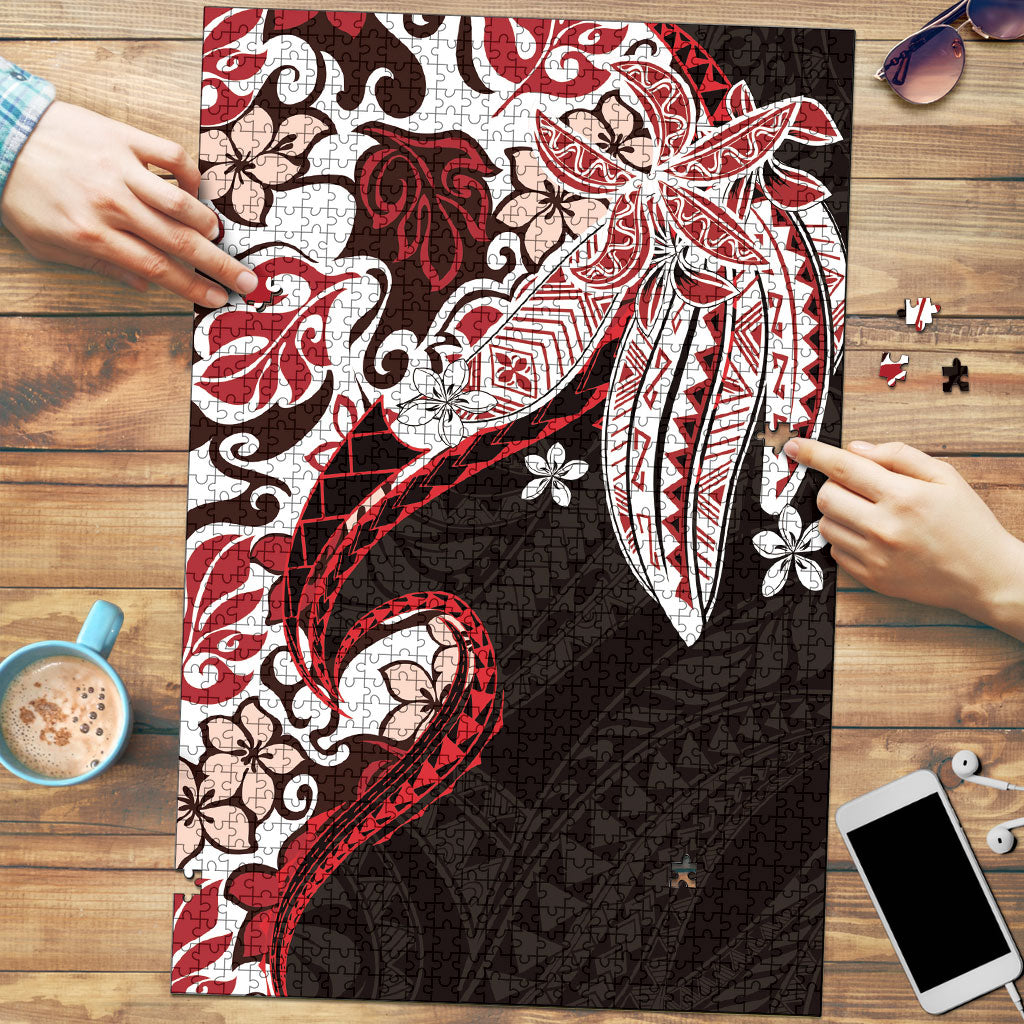 Monstera Plumeria Flowers Red Puzzle Polynesian Pattern LT01 Red - Polynesian Pride
