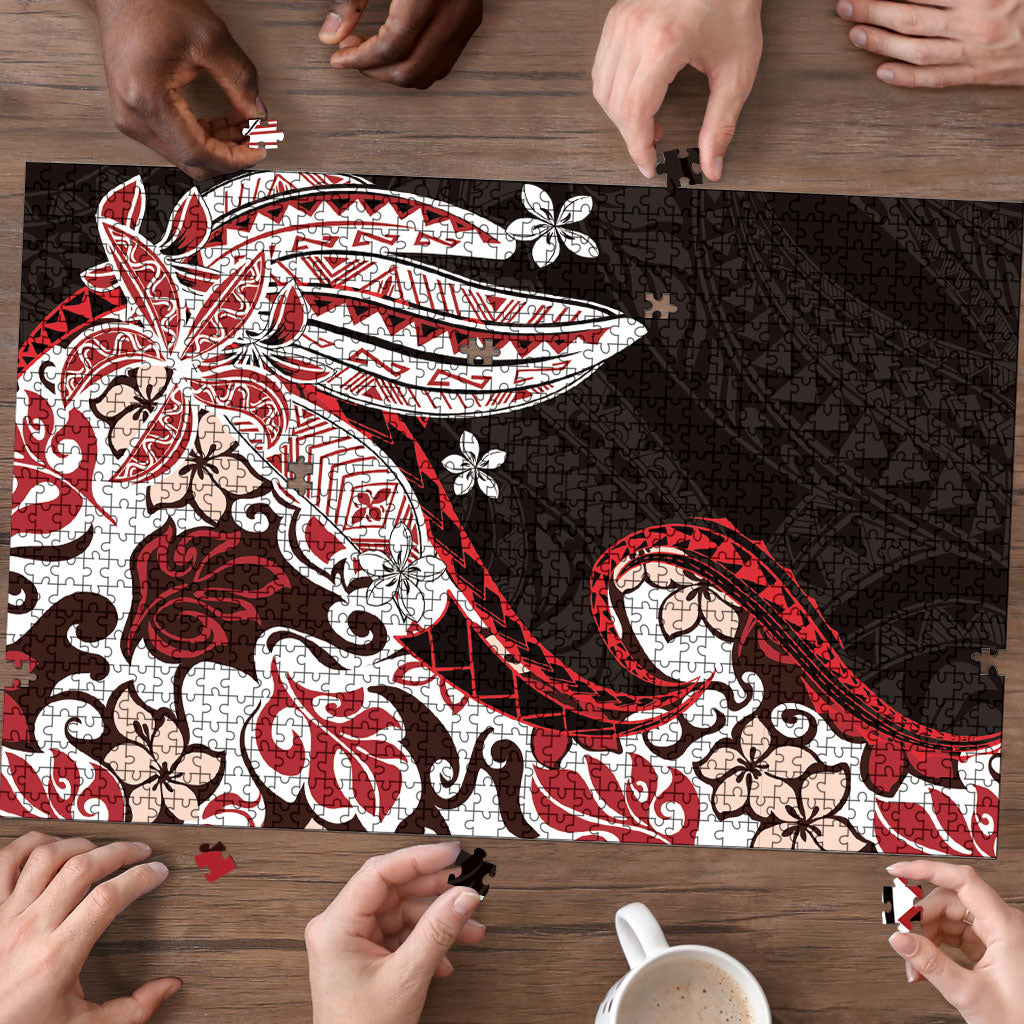 Monstera Plumeria Flowers Red Puzzle Polynesian Pattern LT01 - Polynesian Pride