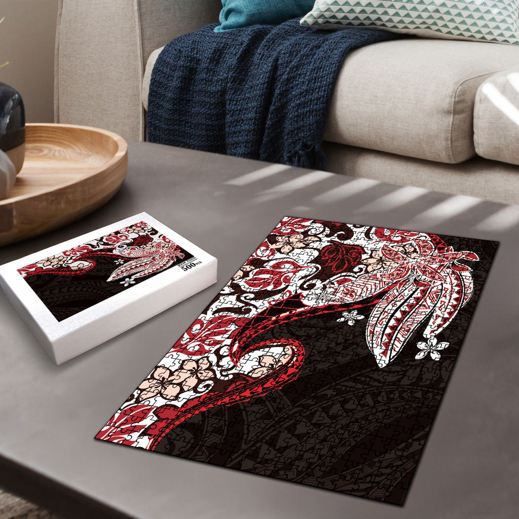 Monstera Plumeria Flowers Red Puzzle Polynesian Pattern LT01 - Polynesian Pride