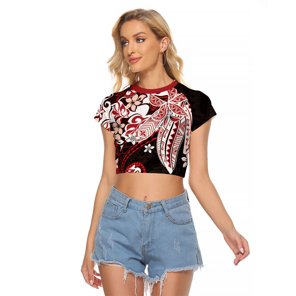 Monstera Plumeria Flowers Red Raglan Cropped T Shirt Polynesian Pattern LT01 Female Red - Polynesian Pride