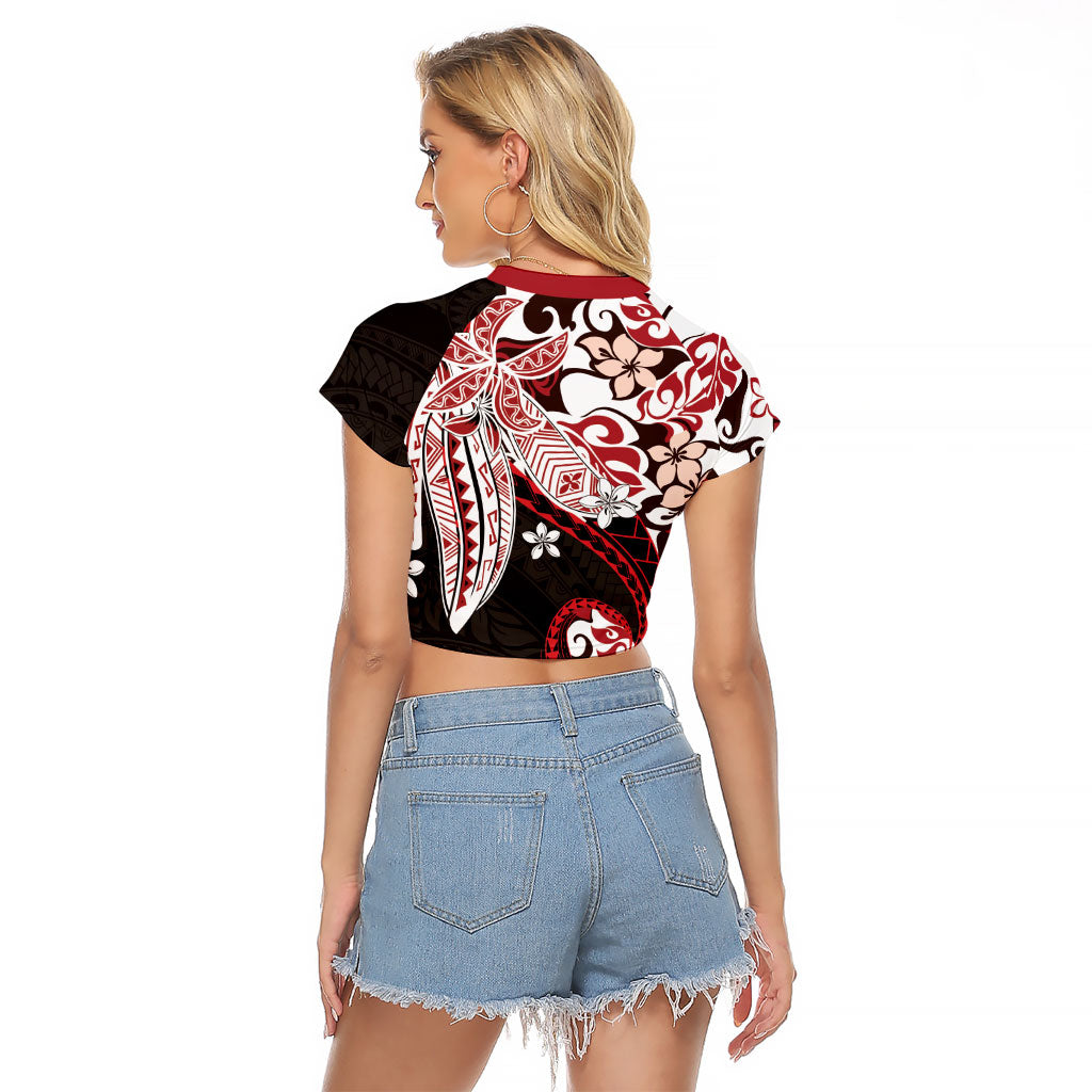 Monstera Plumeria Flowers Red Raglan Cropped T Shirt Polynesian Pattern LT01 - Polynesian Pride