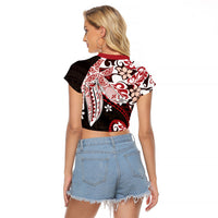 Monstera Plumeria Flowers Red Raglan Cropped T Shirt Polynesian Pattern LT01 - Polynesian Pride