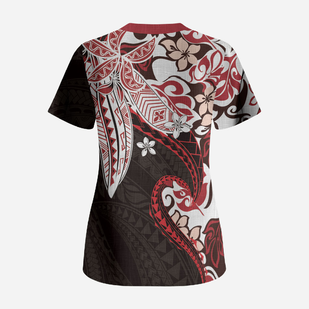 Monstera Plumeria Flowers Red Scrub Top Polynesian Pattern LT01 - Polynesian Pride