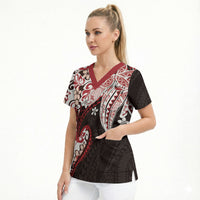 Monstera Plumeria Flowers Red Scrub Top Polynesian Pattern LT01 - Polynesian Pride