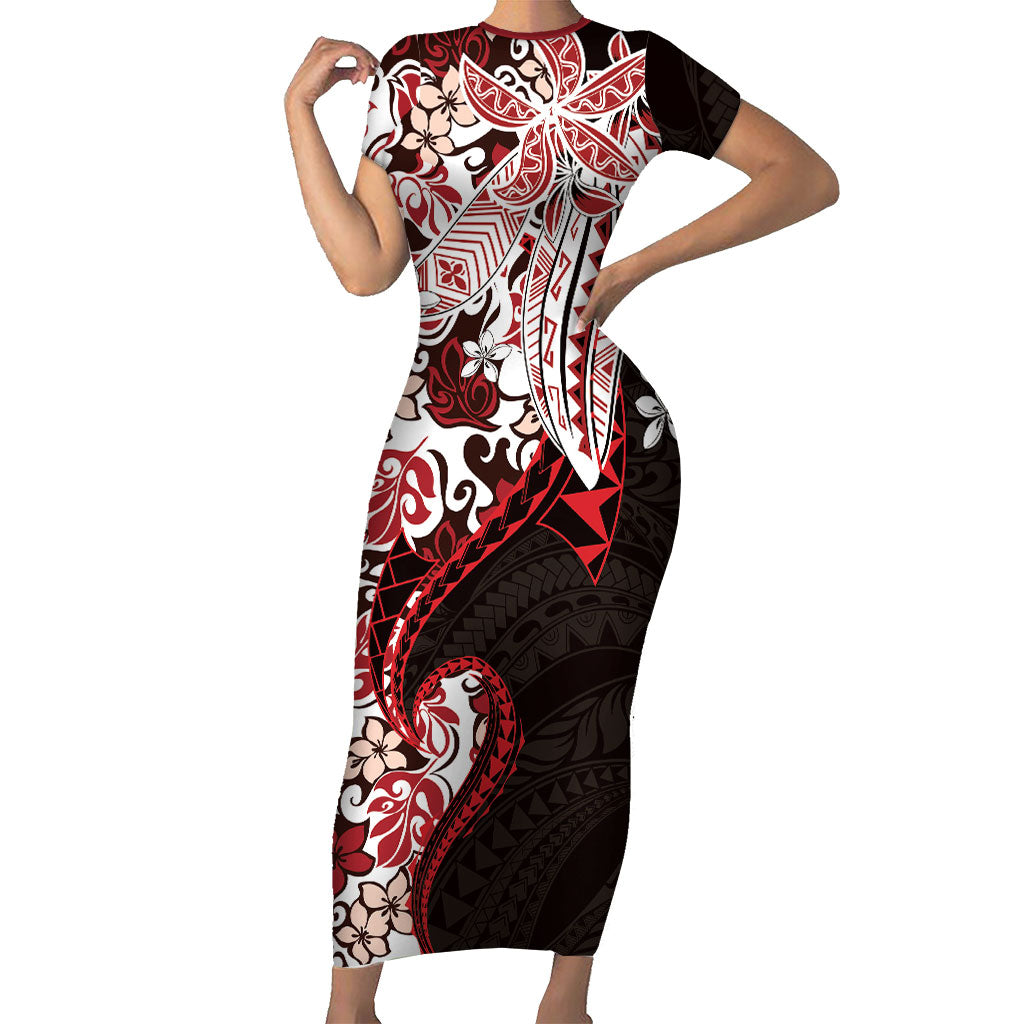 Monstera Plumeria Flowers Red Short Sleeve Bodycon Dress Polynesian Pattern LT01 Long Dress Red - Polynesian Pride
