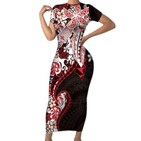 Monstera Plumeria Flowers Red Short Sleeve Bodycon Dress Polynesian Pattern LT01 Long Dress Red - Polynesian Pride