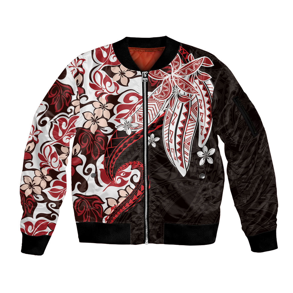 Monstera Plumeria Flowers Red Sleeve Zip Bomber Jacket Polynesian Pattern LT01 Unisex Red - Polynesian Pride
