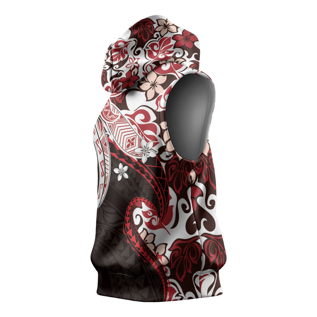 Monstera Plumeria Flowers Red Sleeveless Hoodie Polynesian Pattern LT01 - Polynesian Pride