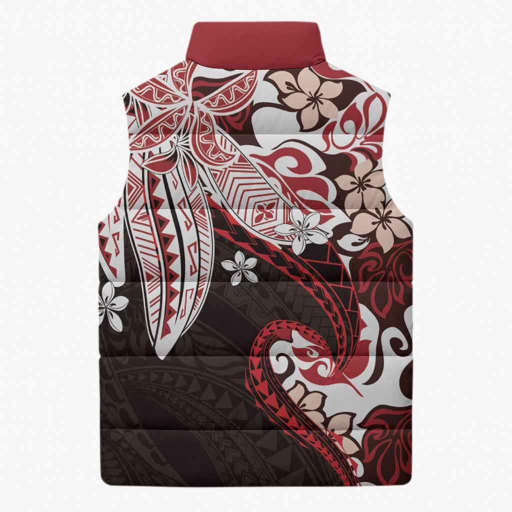 Monstera Plumeria Flowers Red Sleeveless Puffer Jacket Polynesian Pattern LT01 - Polynesian Pride