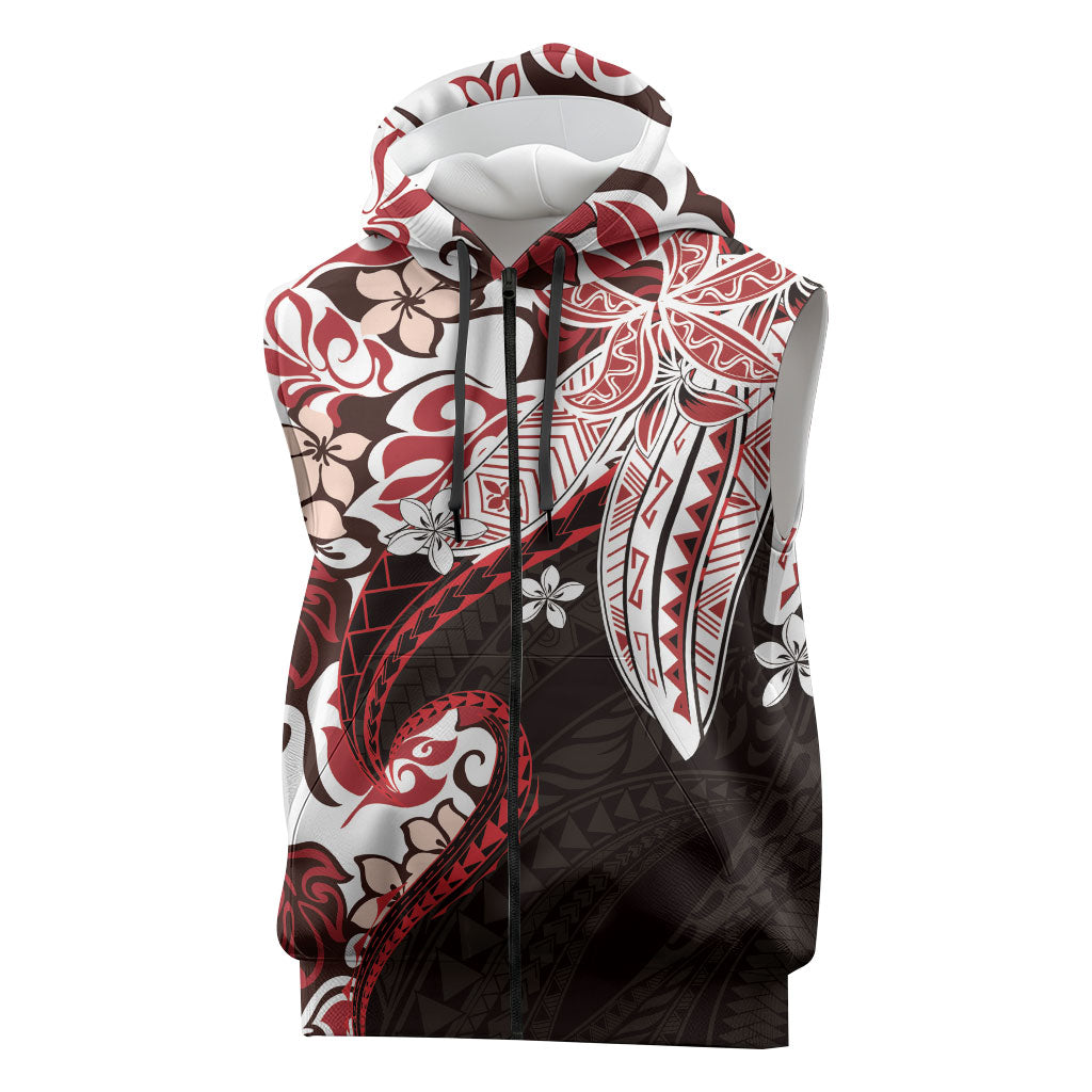 Monstera Plumeria Flowers Red Sleeveless Zip Hoodie Polynesian Pattern LT01 Red - Polynesian Pride