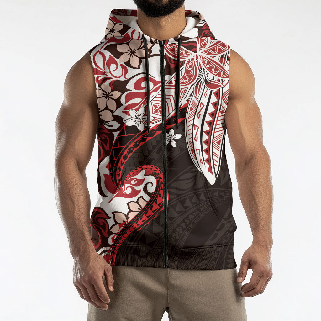 Monstera Plumeria Flowers Red Sleeveless Zip Hoodie Polynesian Pattern LT01 - Polynesian Pride