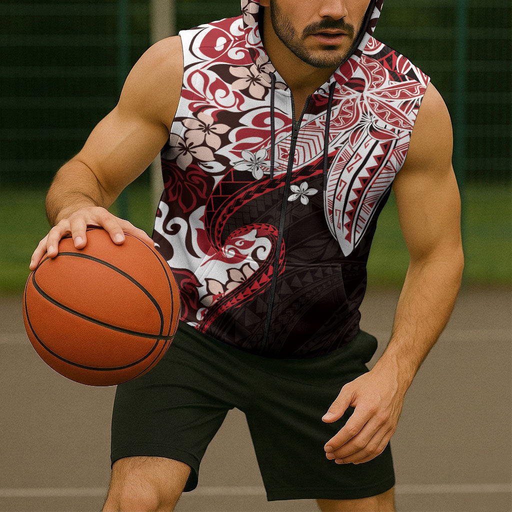 Monstera Plumeria Flowers Red Sleeveless Zip Hoodie Polynesian Pattern LT01 - Polynesian Pride