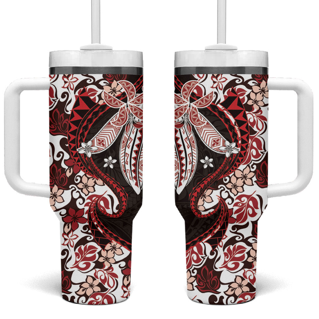 Monstera Plumeria Flowers Red Tumbler With Handle Polynesian Pattern LT01 One Size: 40 oz Red - Polynesian Pride