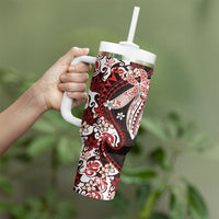 Monstera Plumeria Flowers Red Tumbler With Handle Polynesian Pattern LT01 - Polynesian Pride