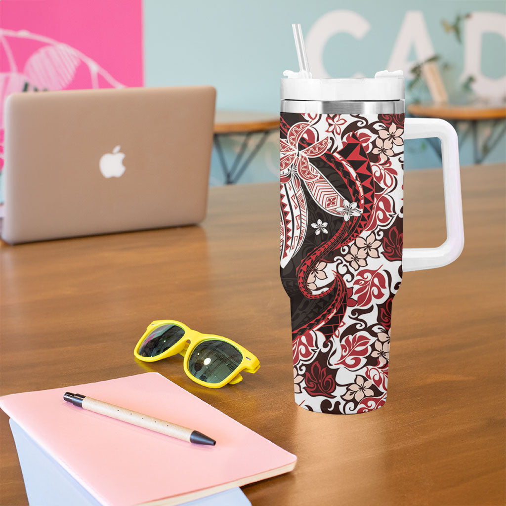 Monstera Plumeria Flowers Red Tumbler With Handle Polynesian Pattern LT01 - Polynesian Pride