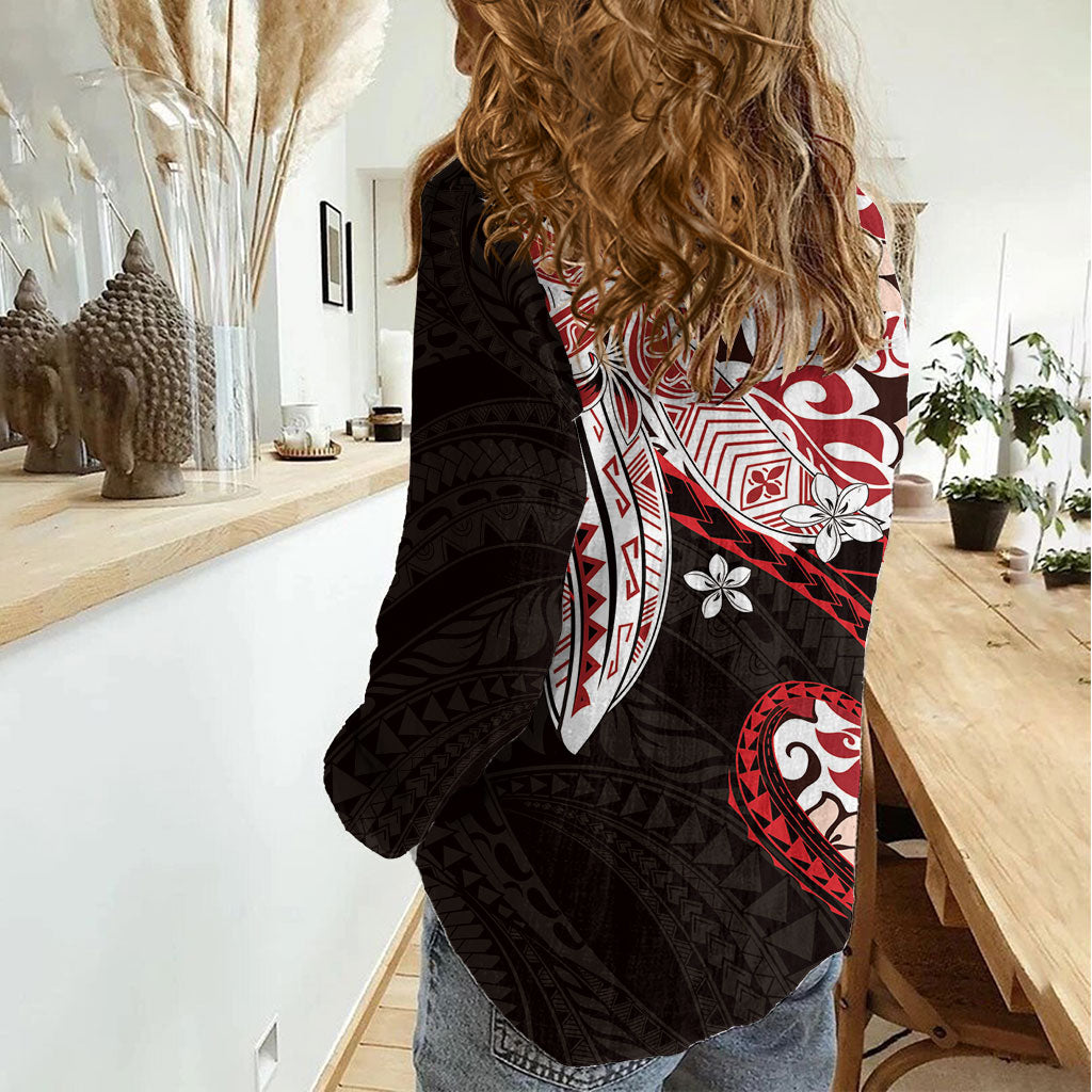 Monstera Plumeria Flowers Red Women Casual Shirt Polynesian Pattern LT01 - Polynesian Pride