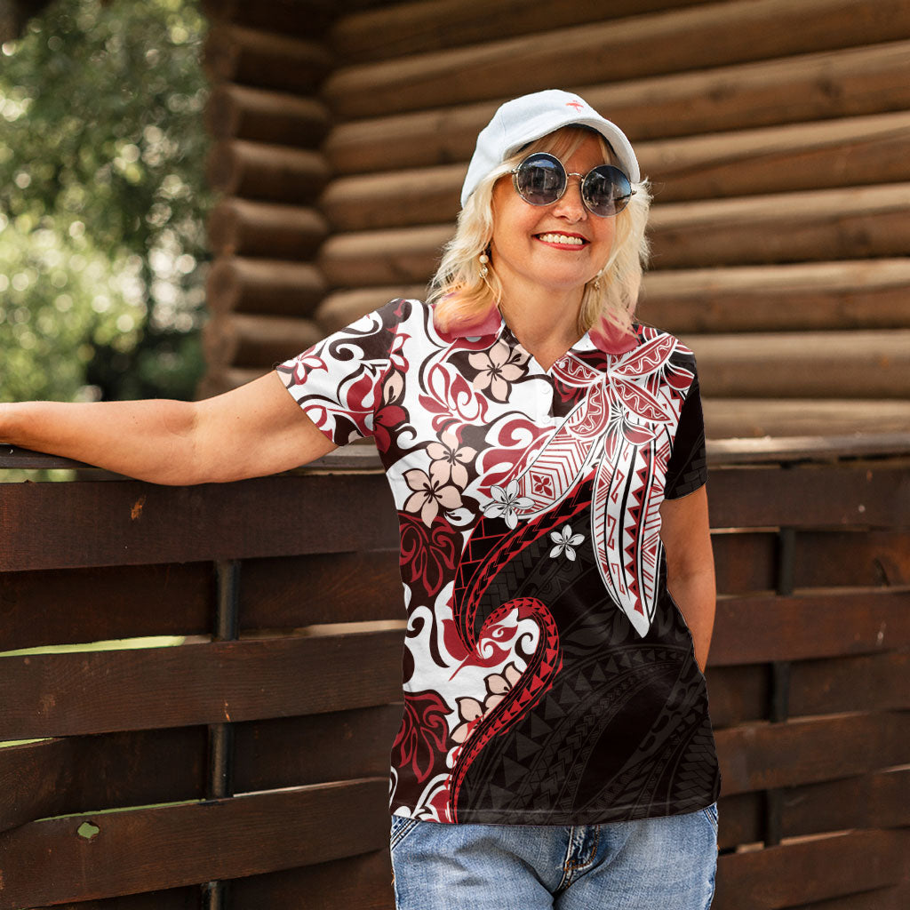 Monstera Plumeria Flowers Red Women Polo Shirt Polynesian Pattern LT01 - Polynesian Pride