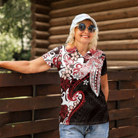 Monstera Plumeria Flowers Red Women Polo Shirt Polynesian Pattern LT01 - Polynesian Pride
