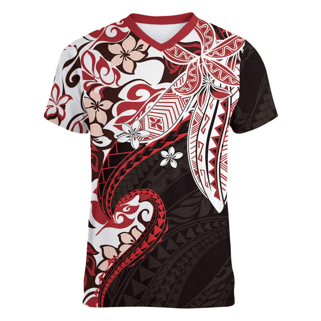 Monstera Plumeria Flowers Red Women V-Neck T-Shirt Polynesian Pattern LT01 Female Red - Polynesian Pride
