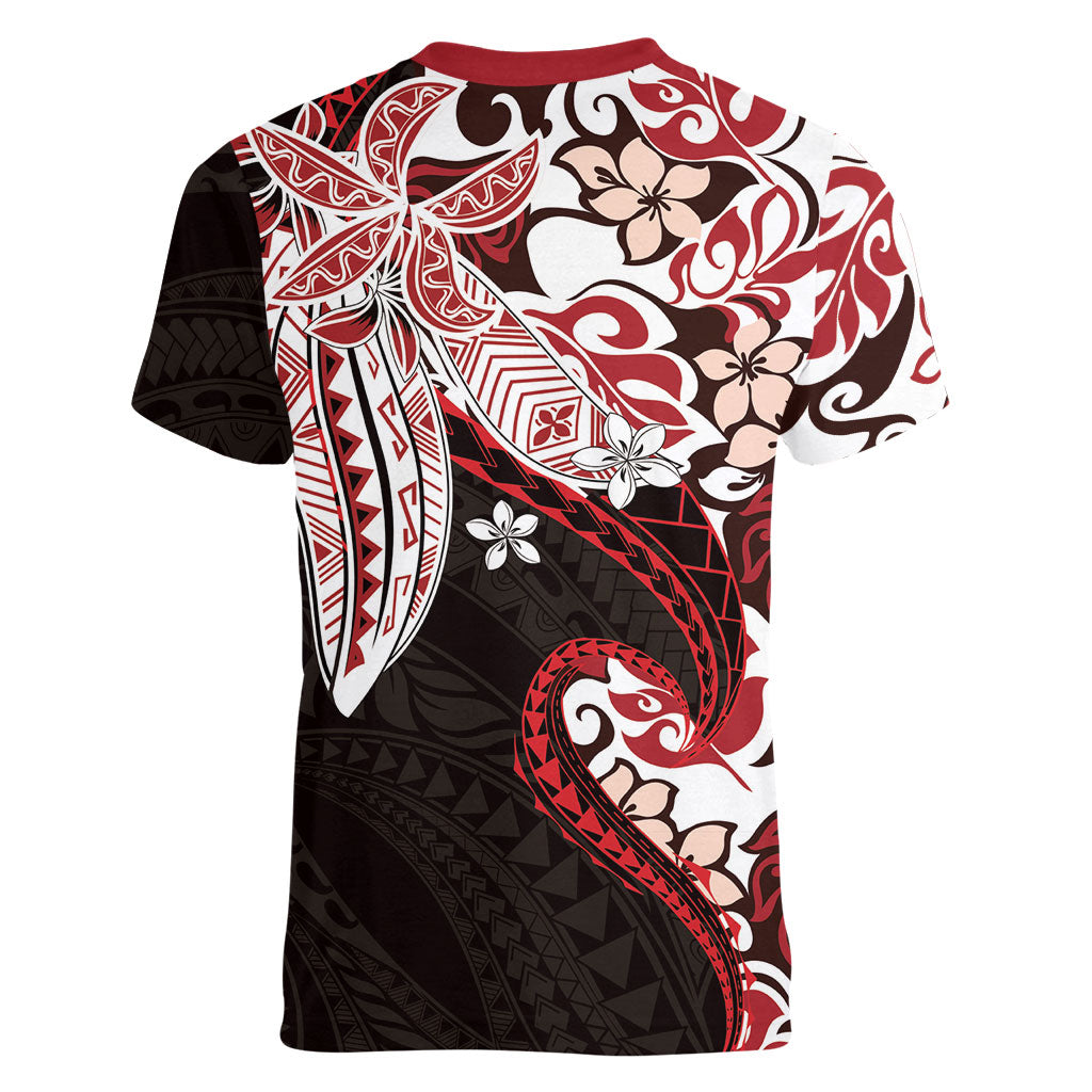 Monstera Plumeria Flowers Red Women V-Neck T-Shirt Polynesian Pattern LT01 - Polynesian Pride