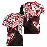 Monstera Plumeria Flowers Red Women V-Neck T-Shirt Polynesian Pattern LT01 - Polynesian Pride