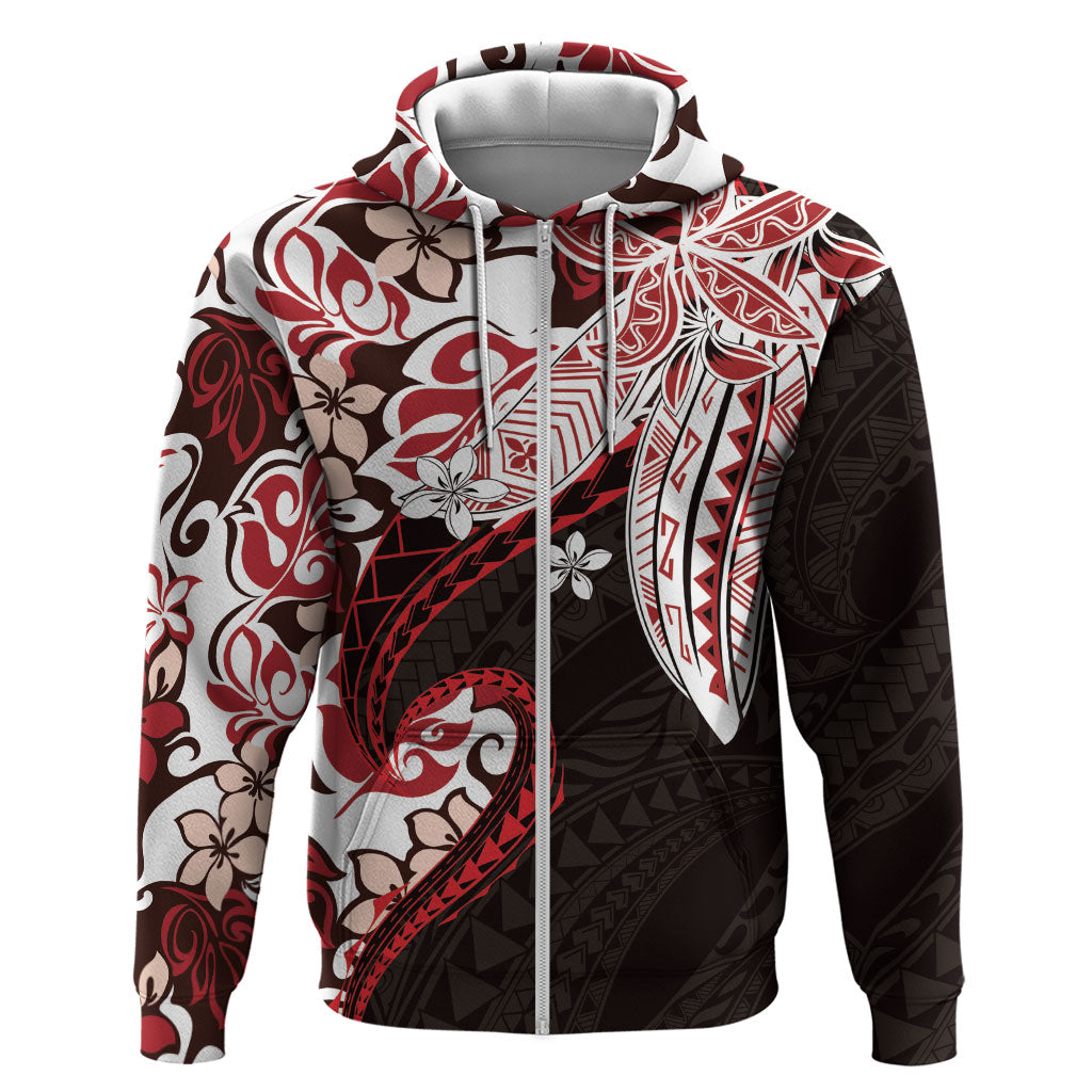 Monstera Plumeria Flowers Red Zip Hoodie Polynesian Pattern